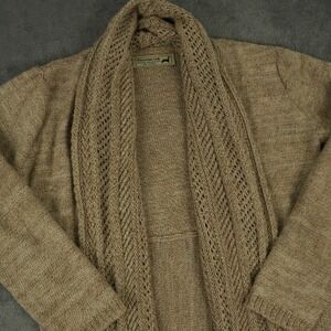 Peruvian Link Cardigan Womens L Tan 100% Alpaca Open Front Pointelle Lace Knit
